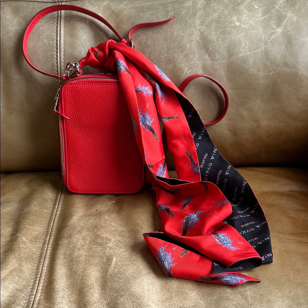 SONIA RYKIEL PARIS Pave Parisien Red Leather Shoulder Bag + Red Blue Black Scarf